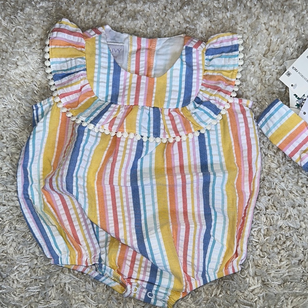 Iris & Ivy Striped Baby Romper with Pom-Pom Trim